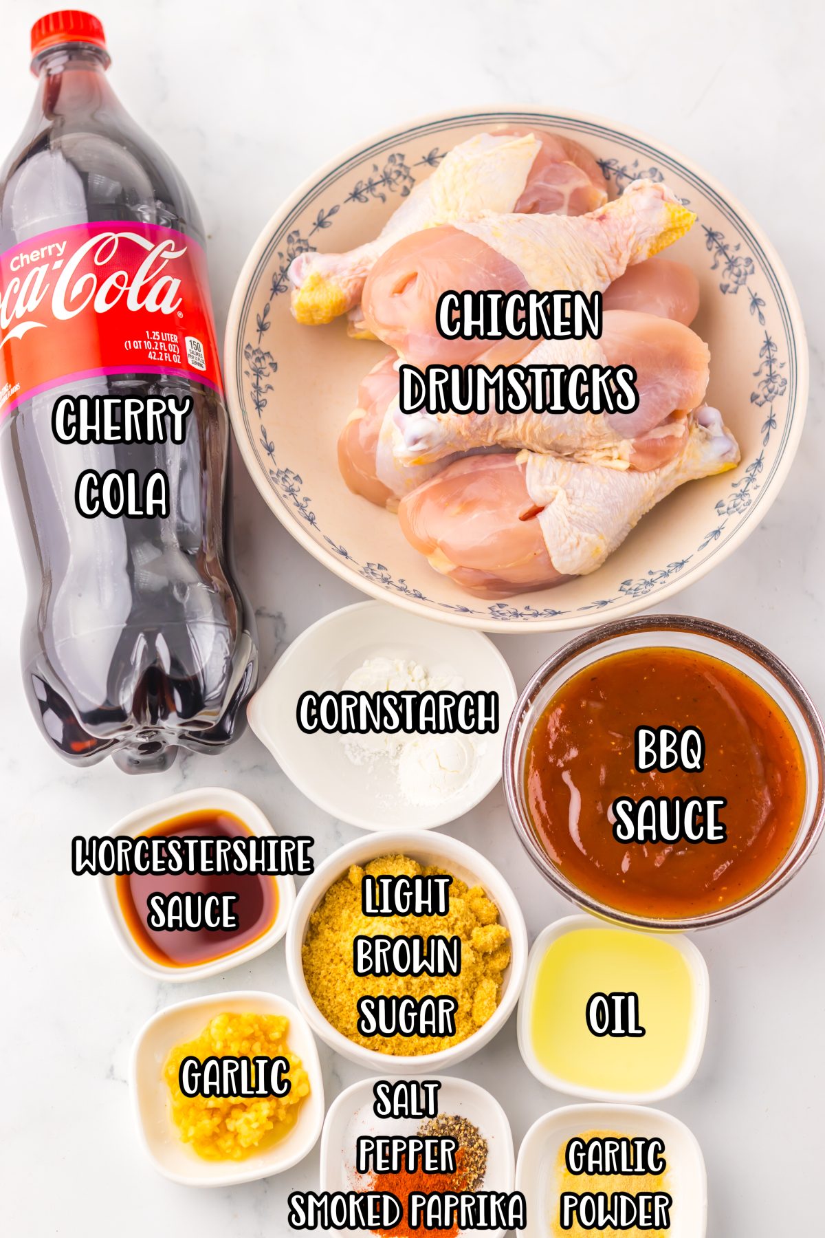 Chicken drumsticks, salt, black pepper, smoked paprika, oil, cherry cola, barbecue sauce, garlic, light brown sugar, Worcestershire sauce, garlic powder, and cornstarch.