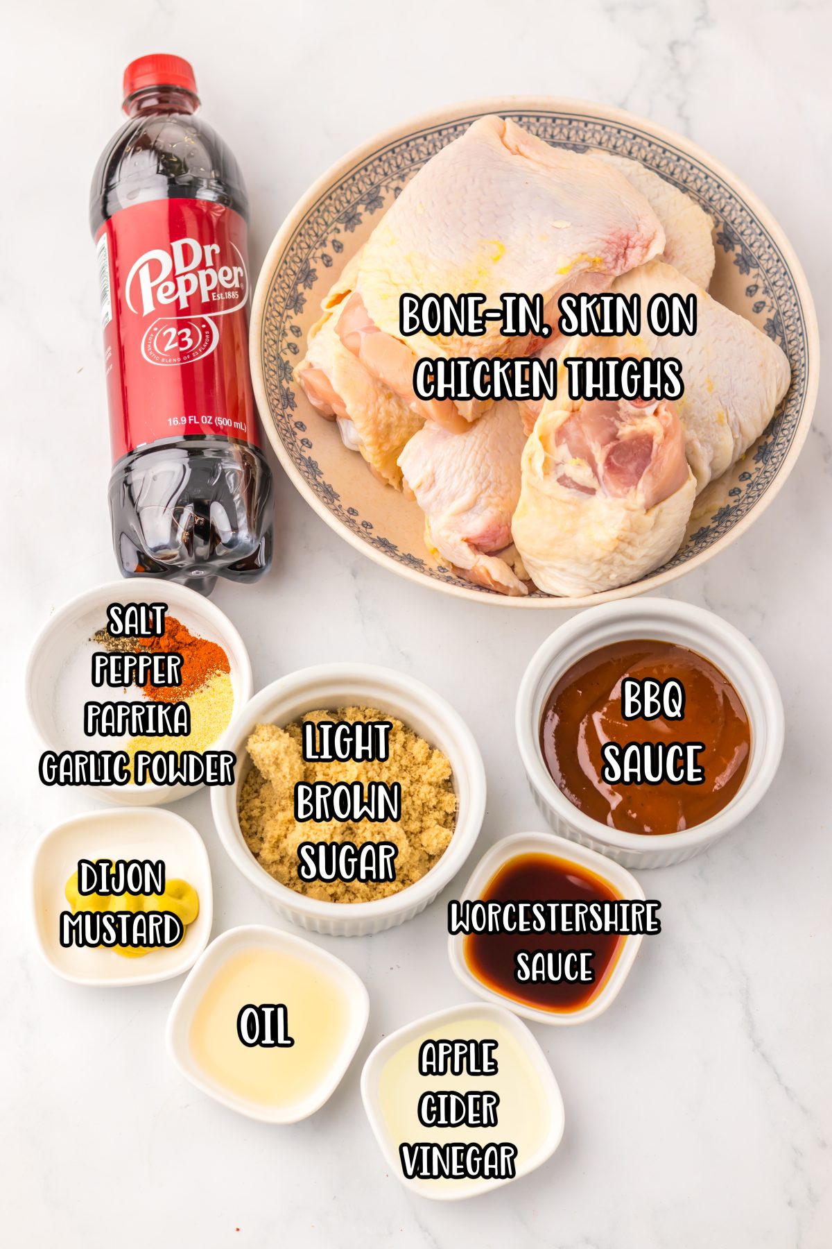 Bone-in skin-on chicken thighs, salt, black pepper, smoked paprika, garlic powder, oil, barbecue sauce, Dr Pepper, brown sugar, Worcestershire sauce, apple cider vinegar, Dijon mustard, cornstarch, and water.