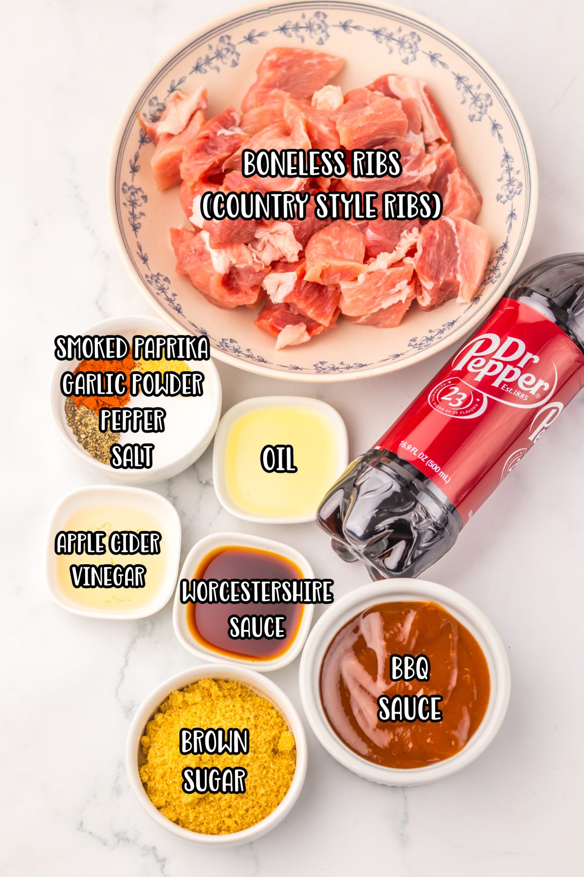 Boneless ribs, salt, black pepper, smoked paprika, garlic powder, oil, barbecue sauce, Dr Pepper, brown sugar, Worcestershire sauce, and apple cider vinegar.