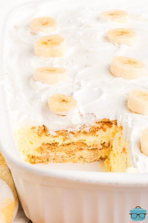 A baking dish with the rest of the Banana Pudding Eclair Cake.