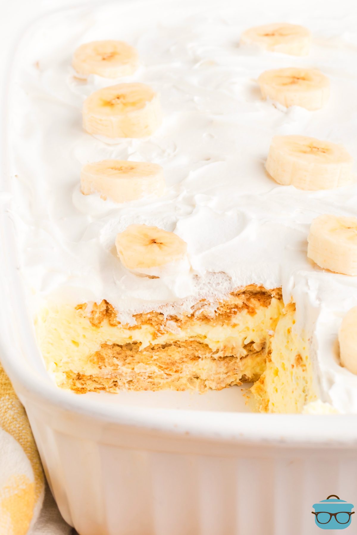 A baking dish with the rest of the Banana Pudding Eclair Cake.