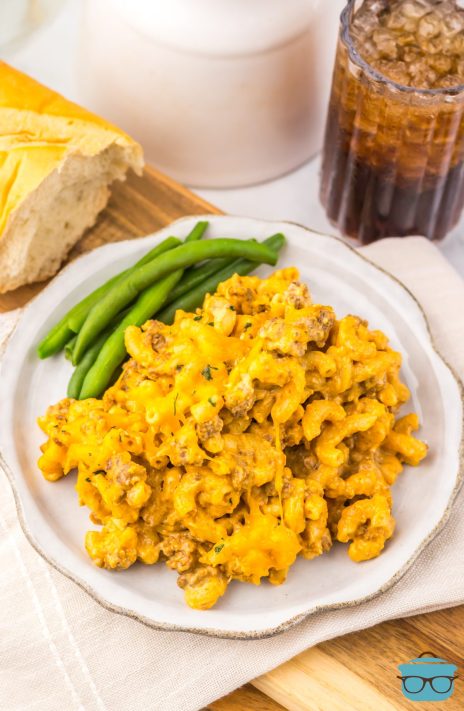 Looking down on a white plate with Cheeseburger Helper made in the Slow Cooker.