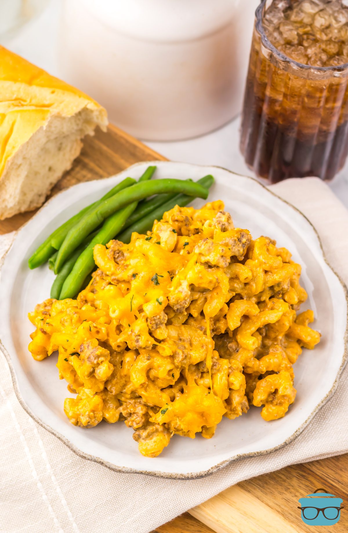 Looking down on a white plate with Cheeseburger Helper made in the Slow Cooker.
