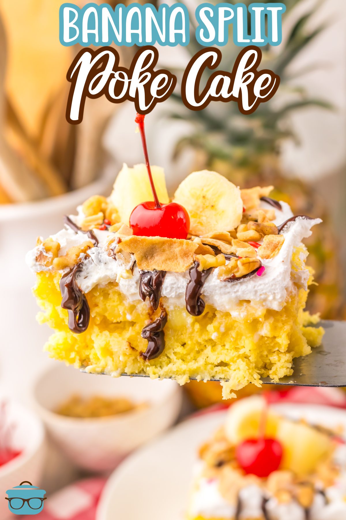 A slice of Banana Split Poke Cake on a dessert plate.