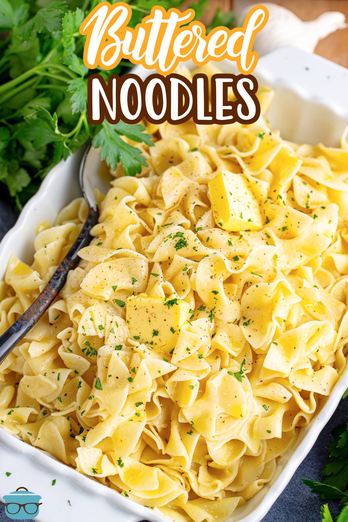 A baking dish full of Buttered Noodles.