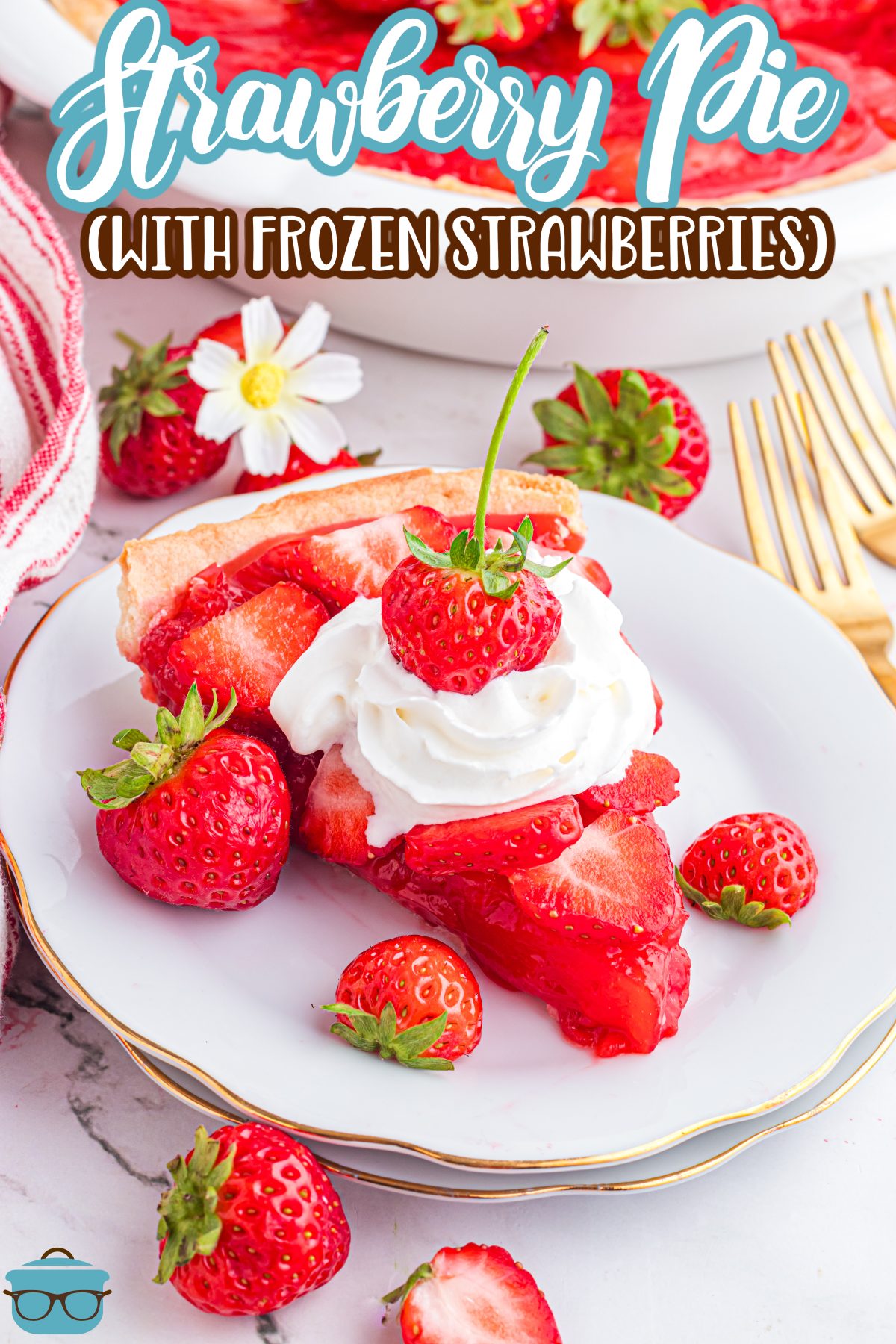 A slice of Strawberry Pie with frozen strawberries on a white dessert plate.