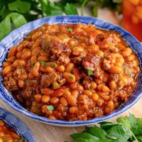 A big bowl of Cowboy Baked Beans.