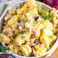 A full bowl of Greek Potato Salad.