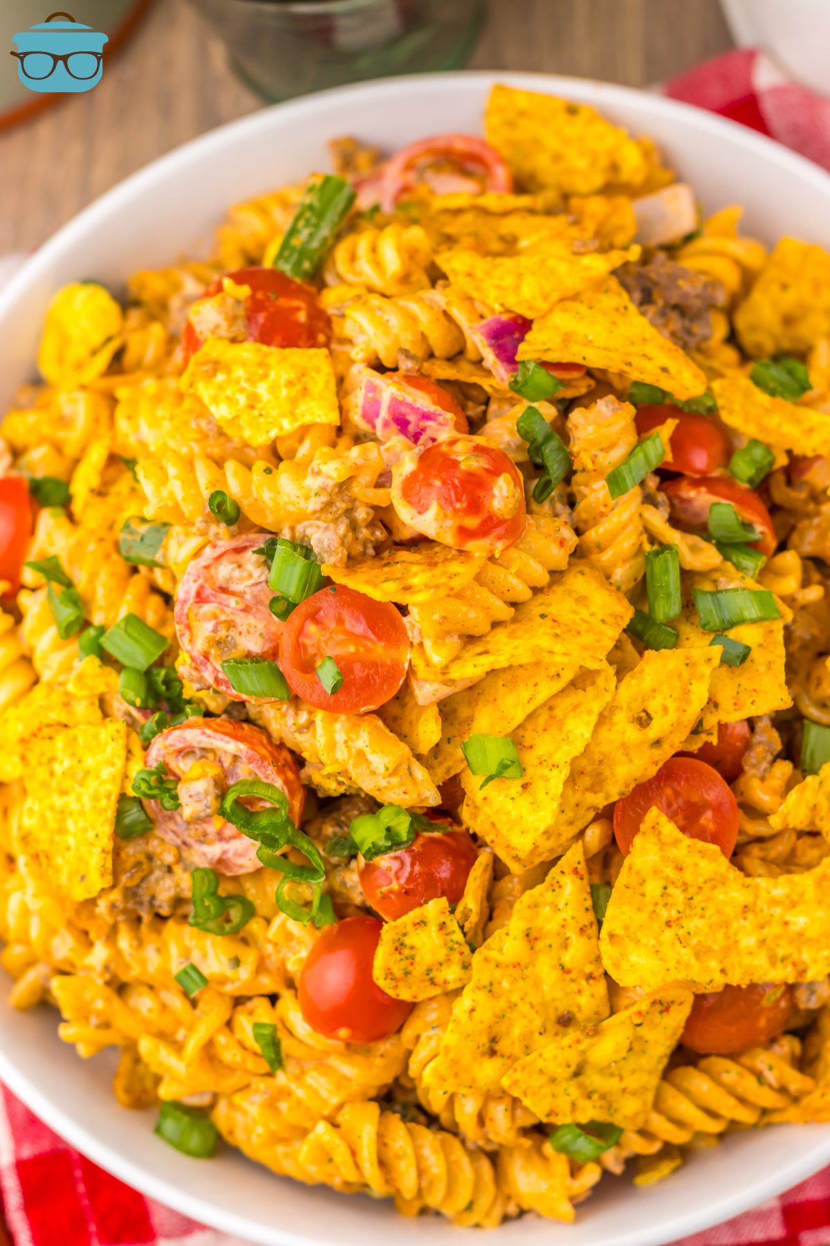 Looking down on a large bowl of Cool Ranch Taco Pasta Salad.