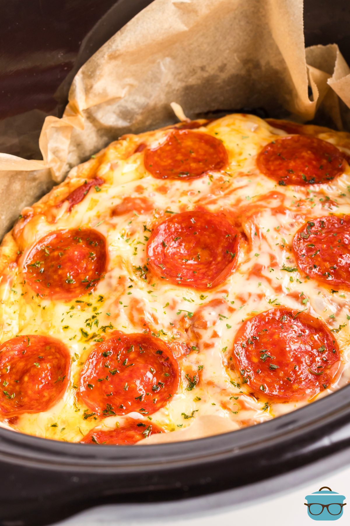 A full Slow Cooker Deep Dish Pizza in the Crockpot.