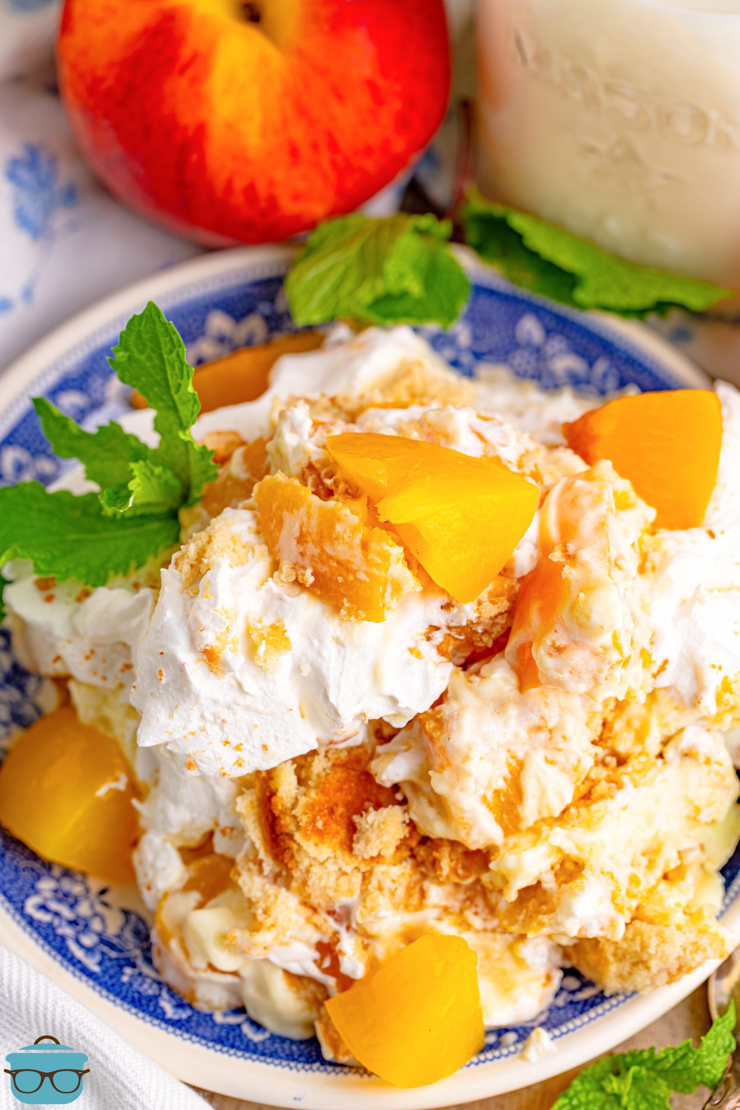 Looking down on a fancy dessert plate with a few servings of Peach Pudding.