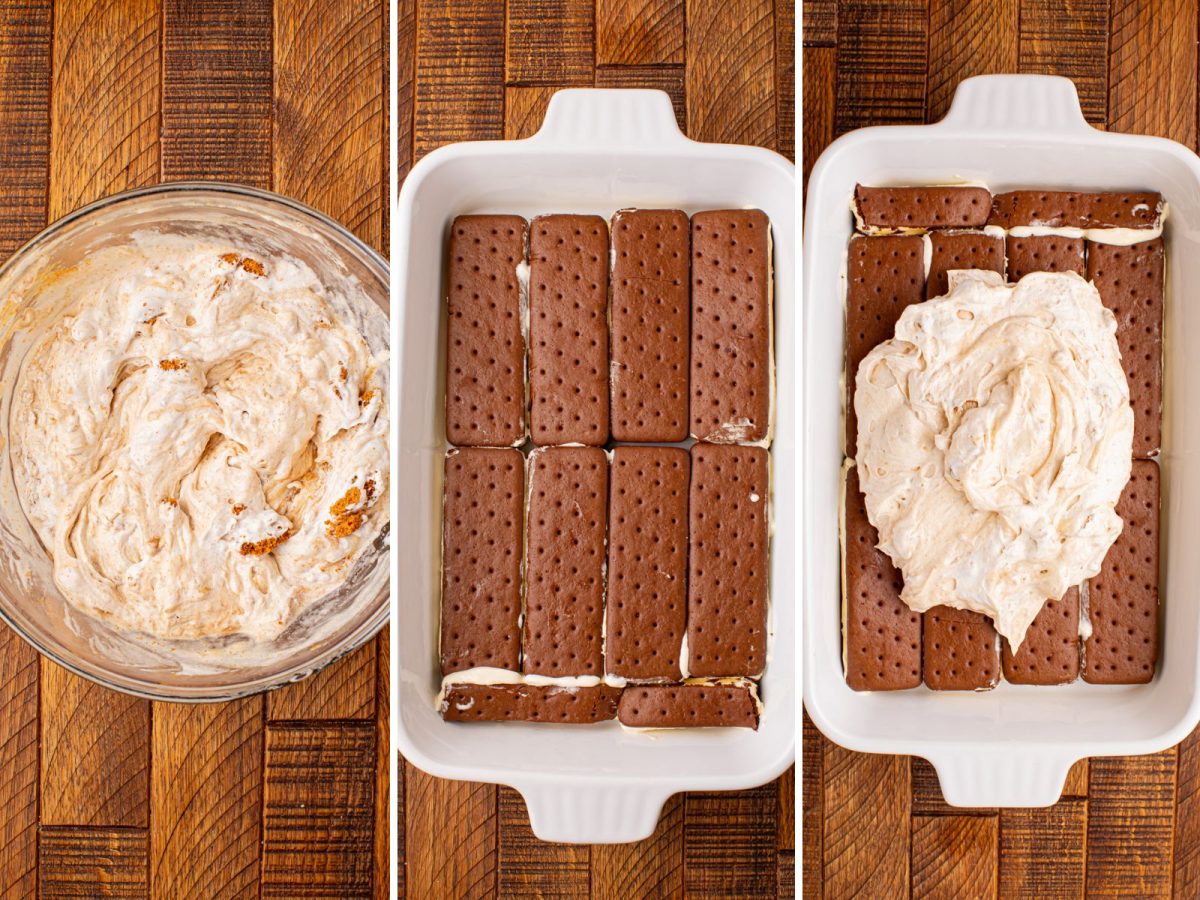 A bowl of Biscoff mixture and a baking dish with ice cream sandwiches and a layer of this mixture. 