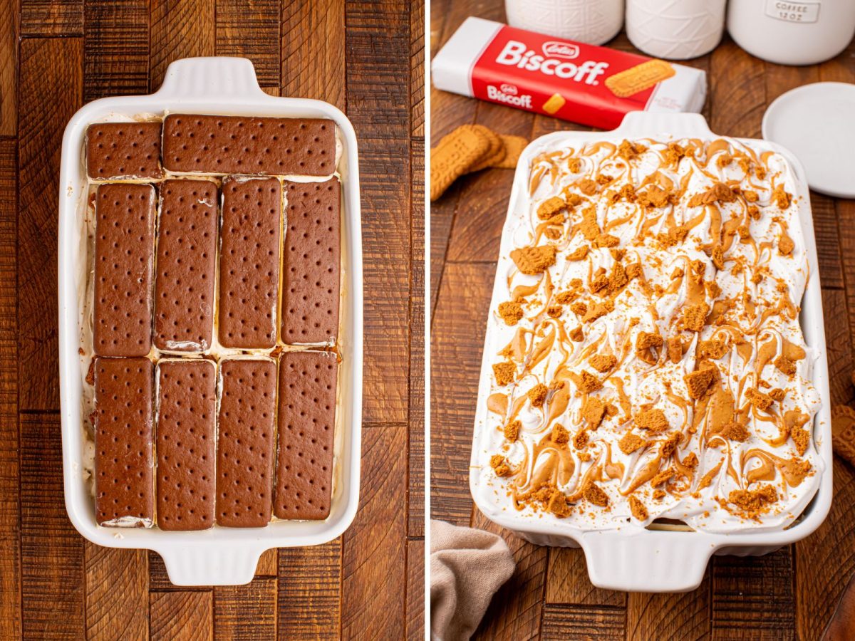 A layered Biscoff Ice Cream Sandwich Cake being assembled and garnished.