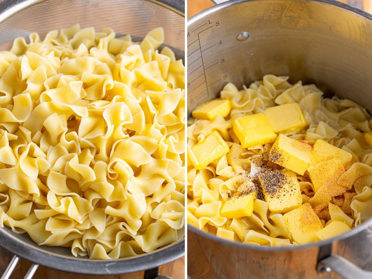Noodles in a strainer and a pot of noodles with butter, salt, and pepper.