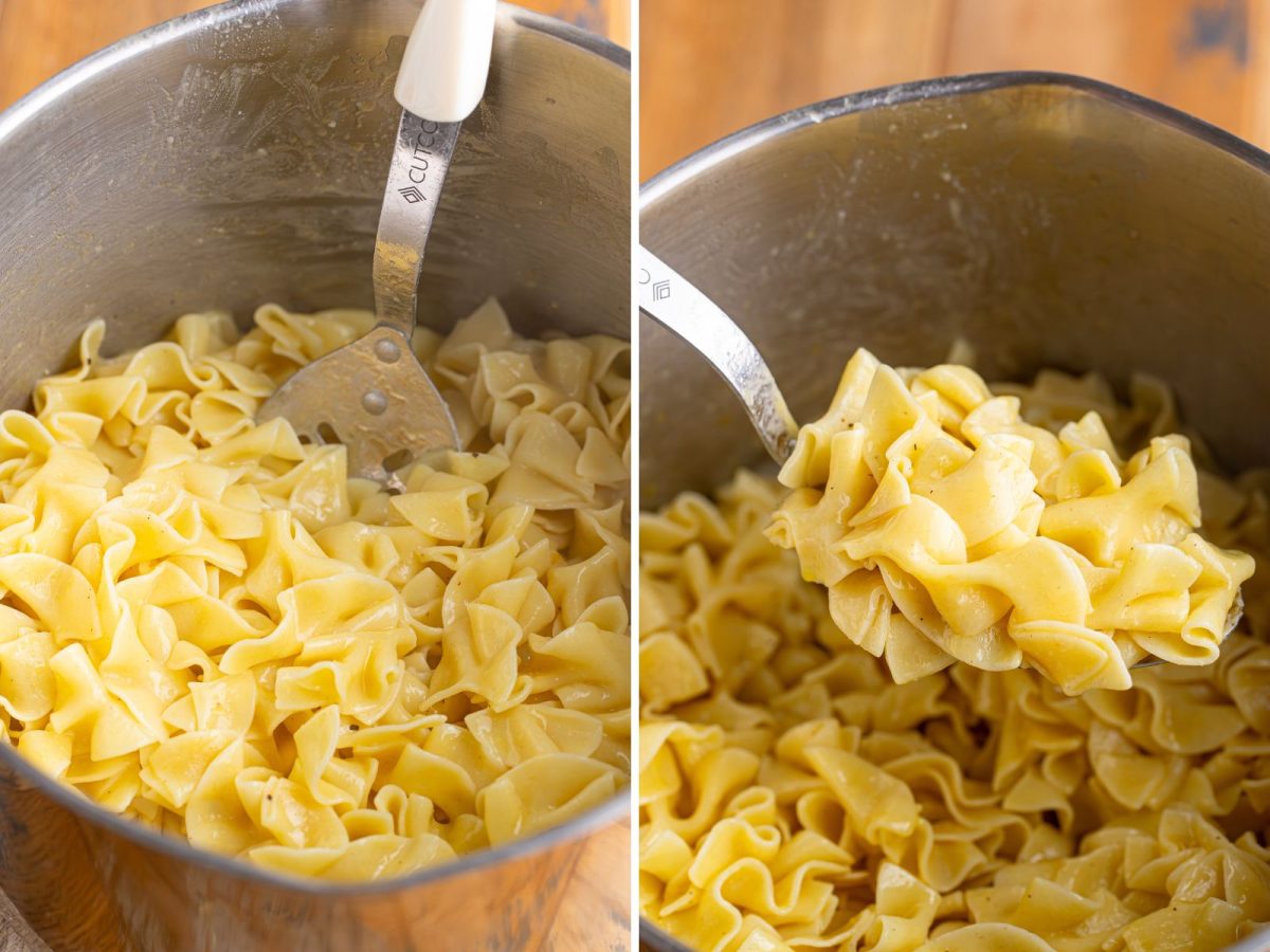 A spatula stirring Buttered Noodles and a serving spoon getting a scoop of them.