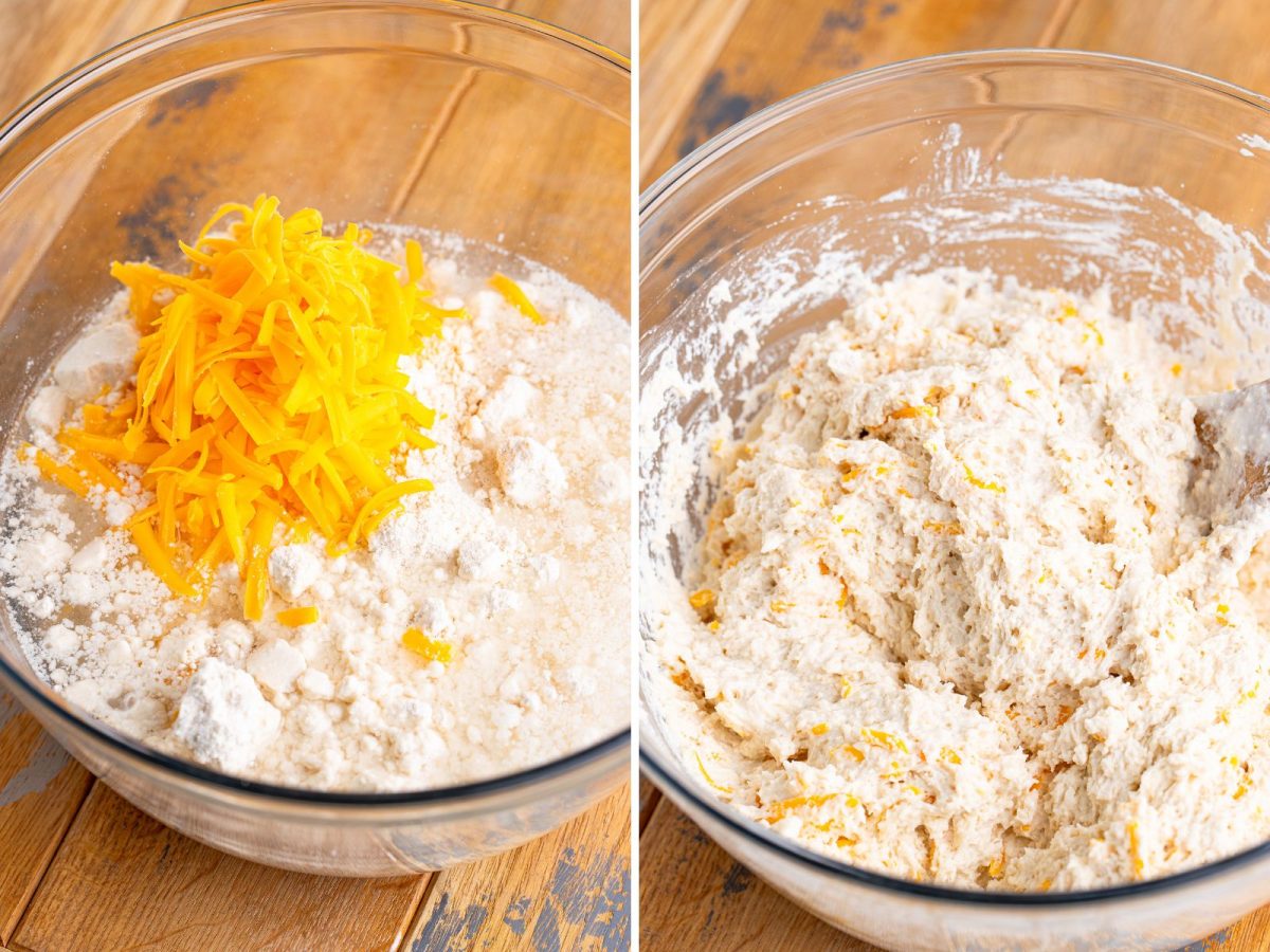 Cheese and biscuit dough being mixed in a bowl.
