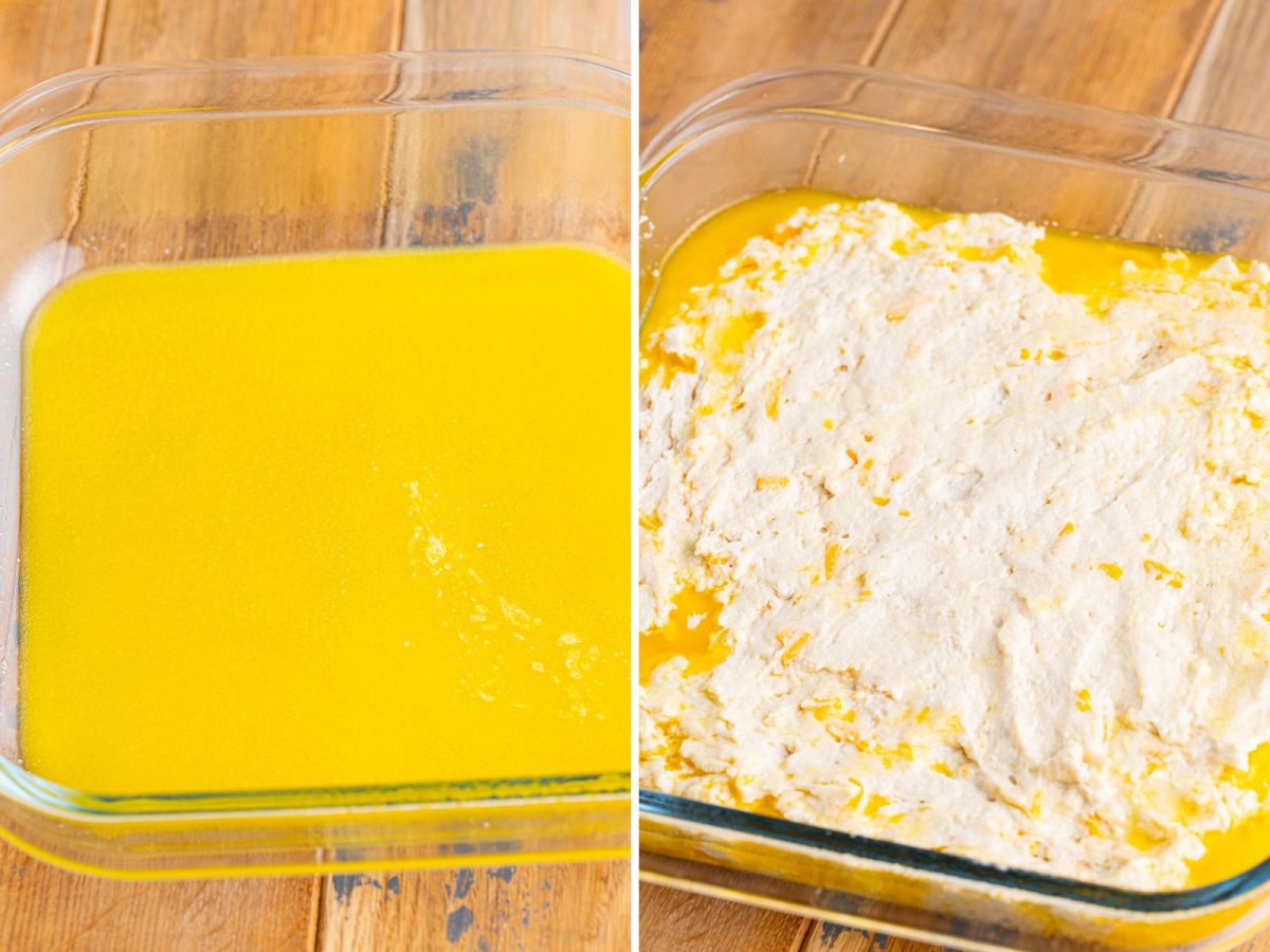 Melted butter in a dish and biscuit dough on top.