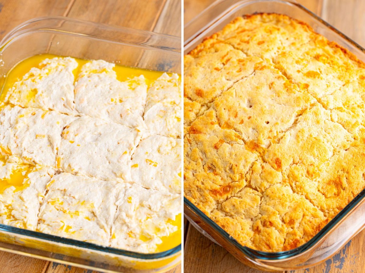 Scored dough on top of butter and baked Cheddar Bay Butter Swim Biscuits in a dish.