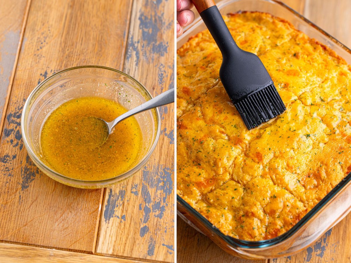 Melted butter and seasonings in a bowl and then being brushed on top of biscuits with a pastry brush.