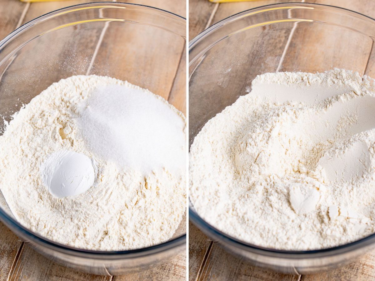 Dry ingredients to make Cherry Butter Swim Biscuits in a bowl.