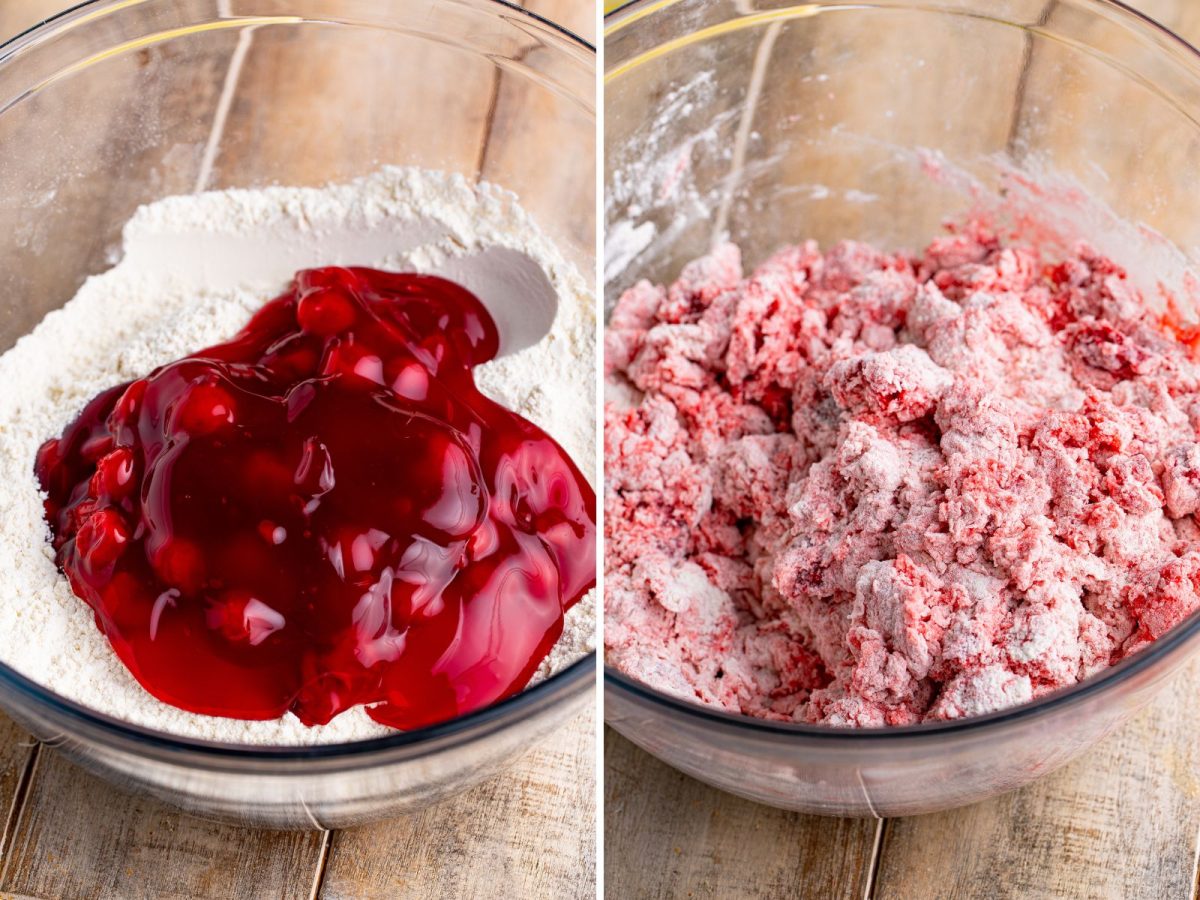 Cherry pie filling being added to dry ingredients.