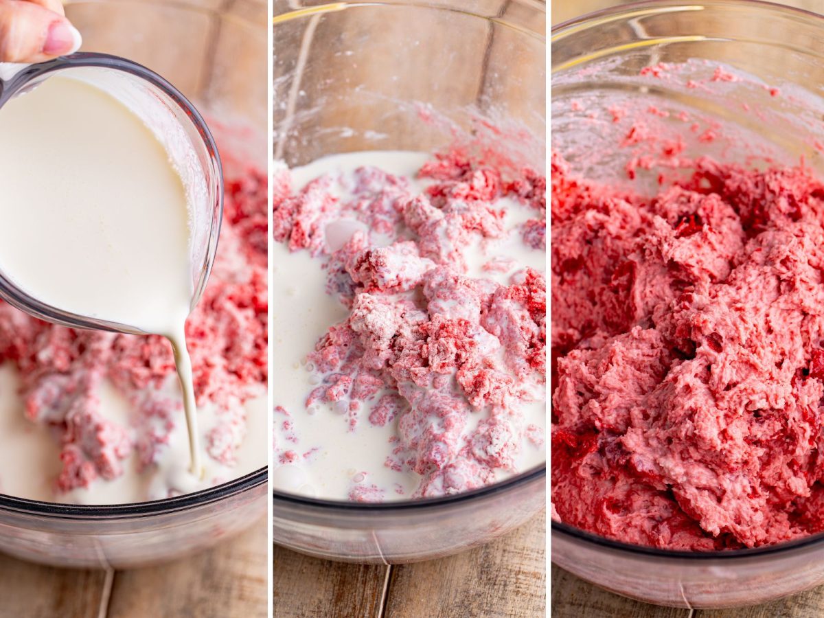 Heavy cream and vanilla extract being added to a biscuit dough.