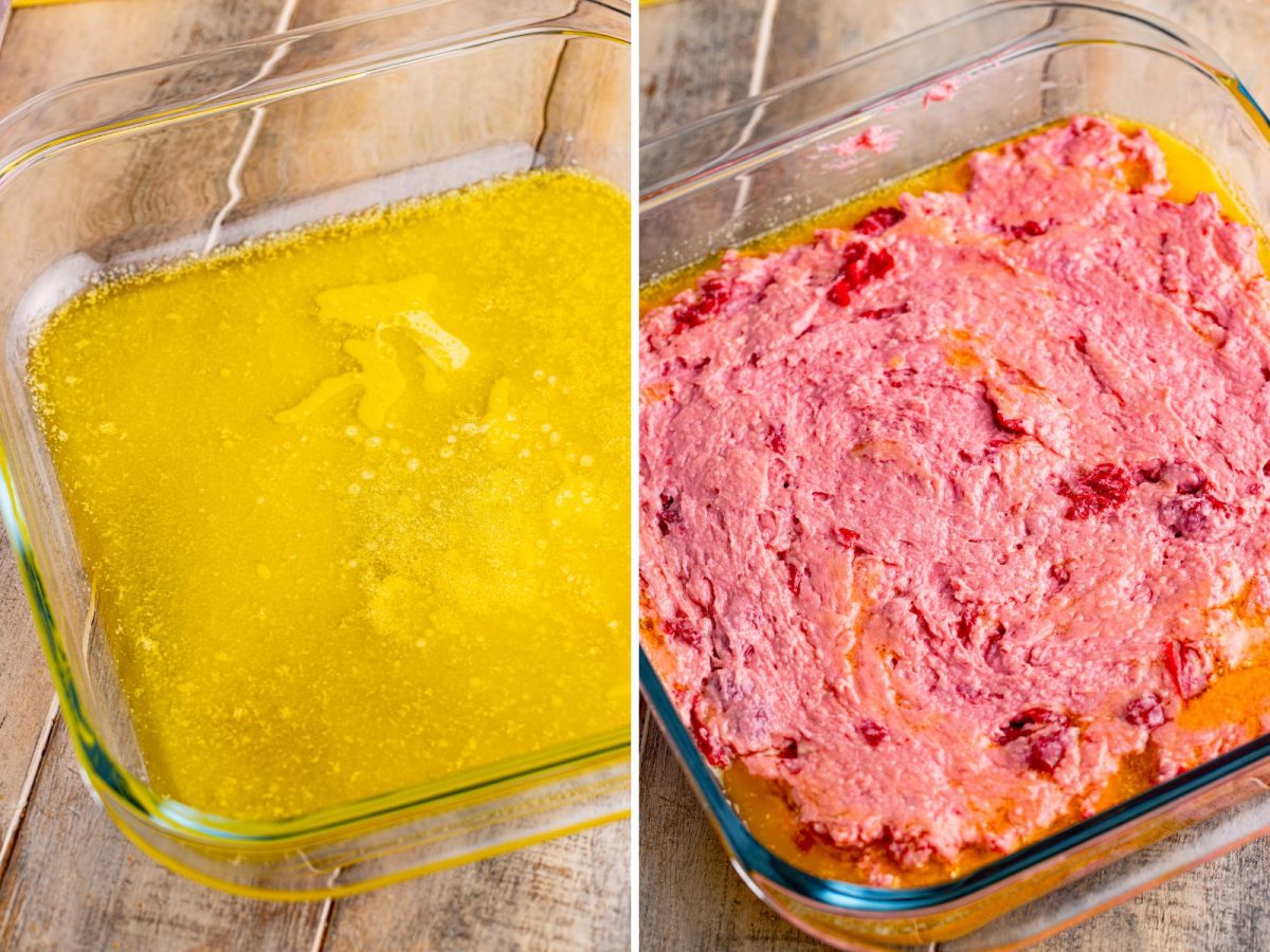 Melted butter in a baking dish and some Cherry Butter Swim Biscuits in the pool of melted butter.