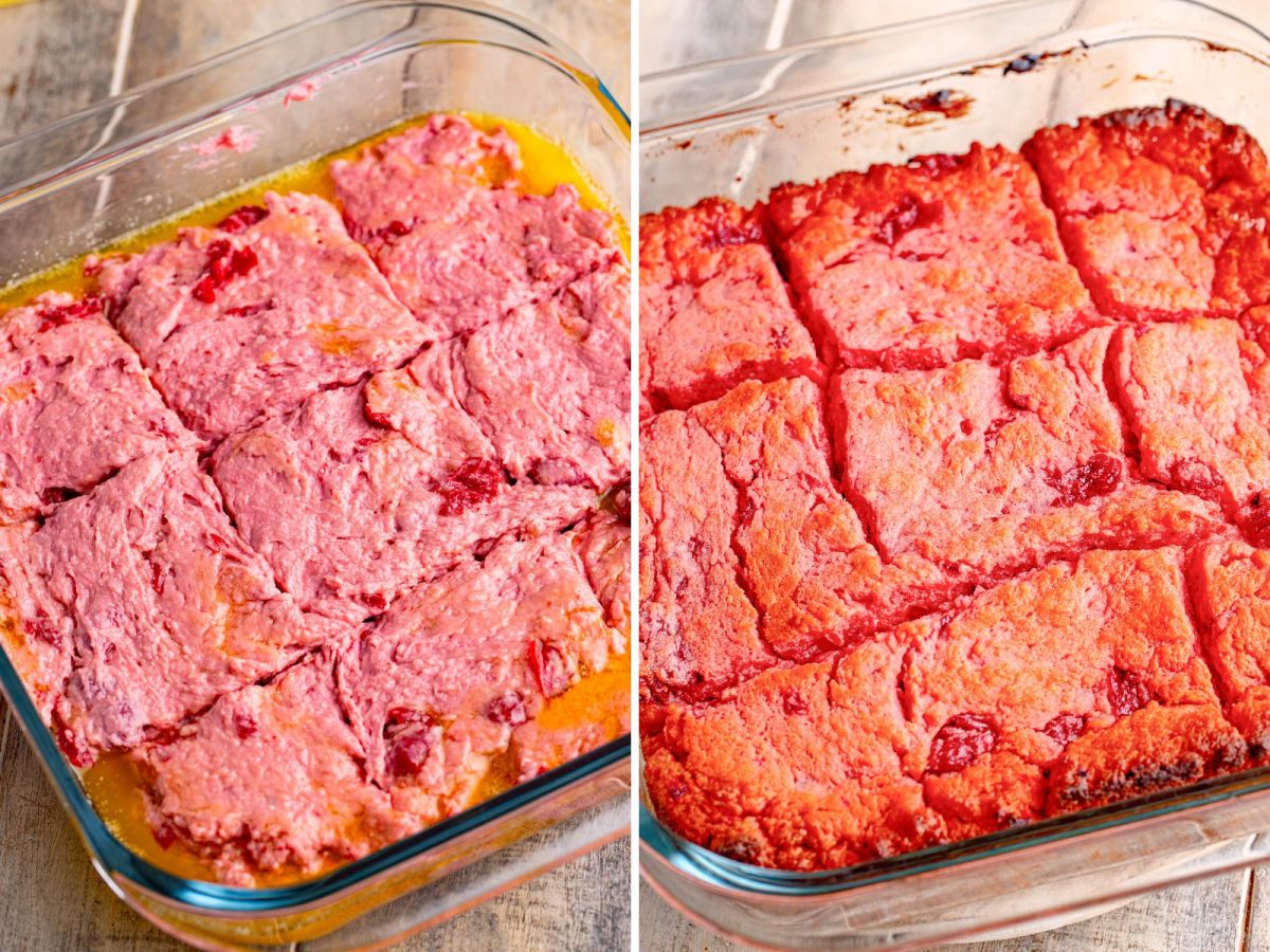 A baking dish with butter and biscuit dough, cut into biscuits and a baking dish with fresh baked Cherry Butter Swim Biscuits.