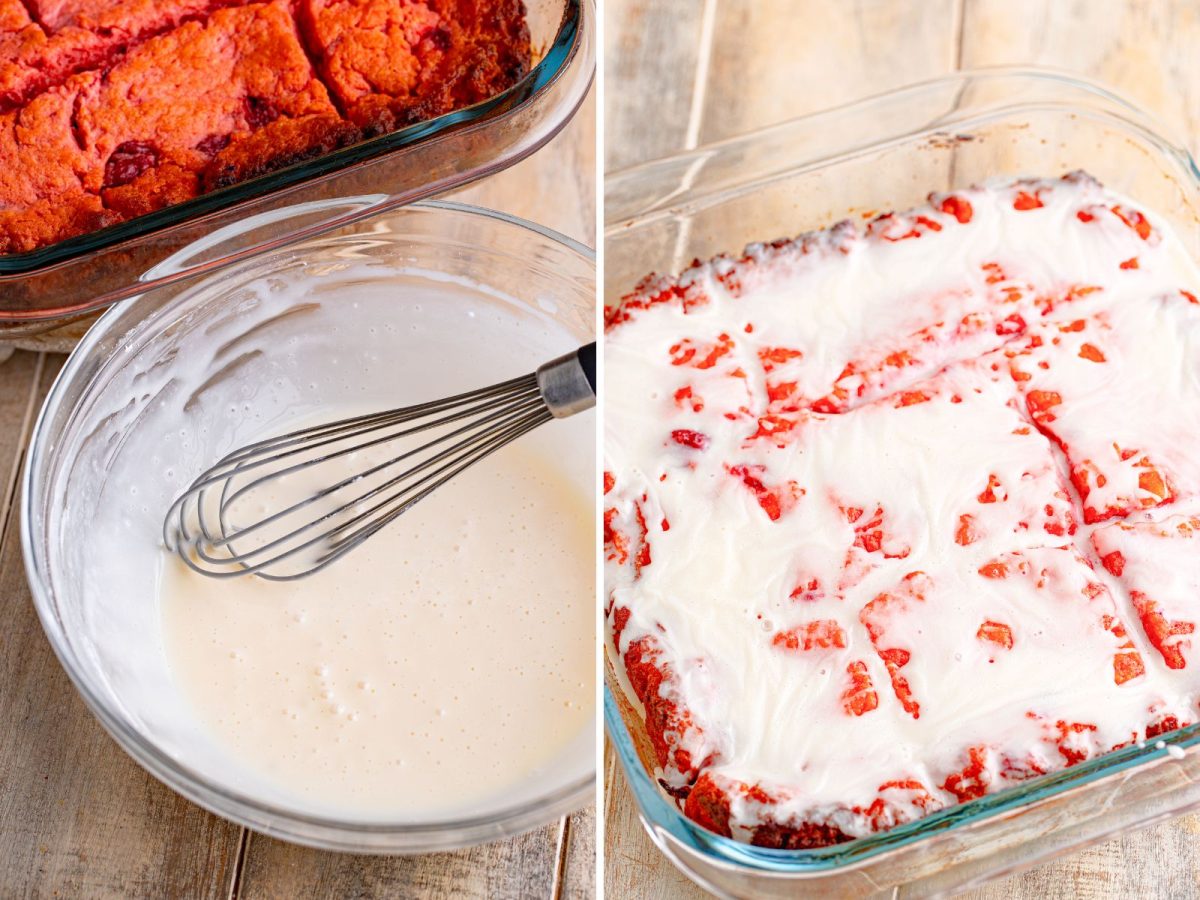 A whisk in a bowl of glaze and glazed Cherry Butter Swim Biscuits.