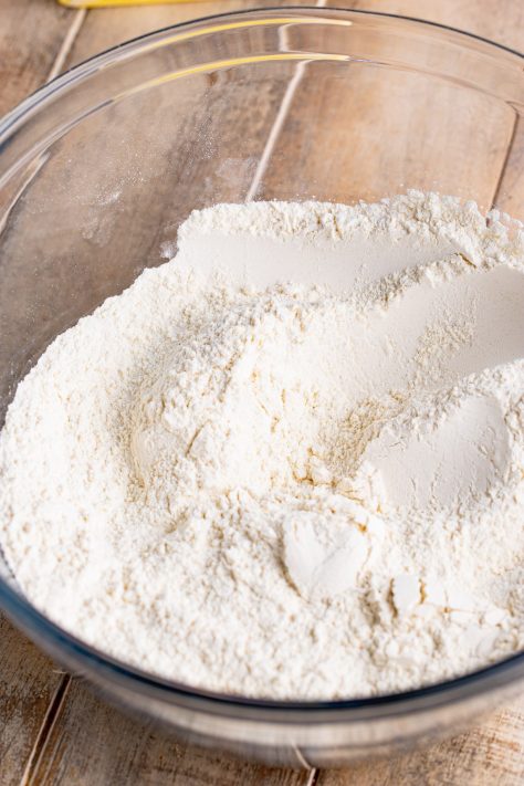 Dry ingredients for Cherry Pie Butter Swim Biscuits in a bowl.