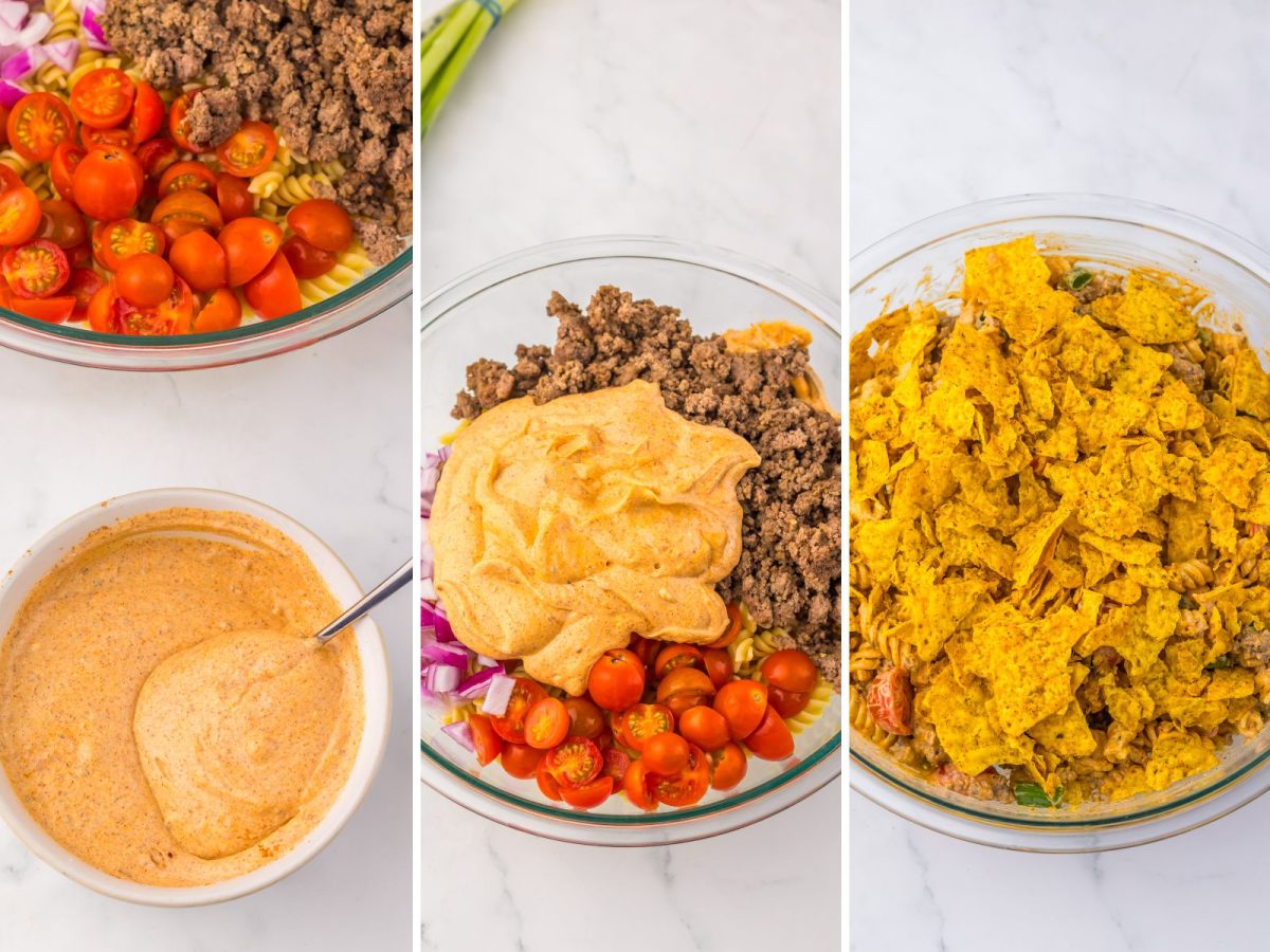 three images in a collage: dressing in a bowl, dressing added to pasta, pasta salad mixed together.
