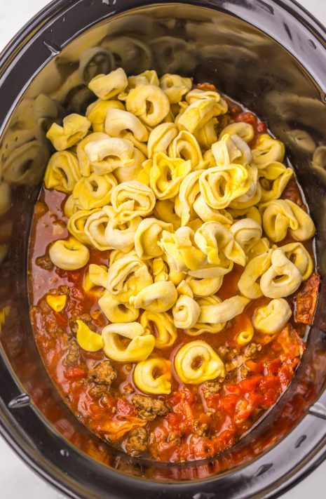Tortellini in a Slow Cooker full of ground beef beef, onion, salt, pepper, garlic powder, paprika, half the crumbled bacon, drained diced tomatoes, beef broth, tomato sauce and mustard.