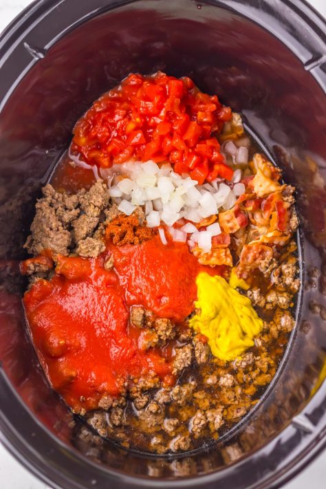 A Crock Pot with ground beef beef, onion, salt, pepper, garlic powder, paprika, half the crumbled bacon, drained diced tomatoes, beef broth, tomato sauce and mustard.