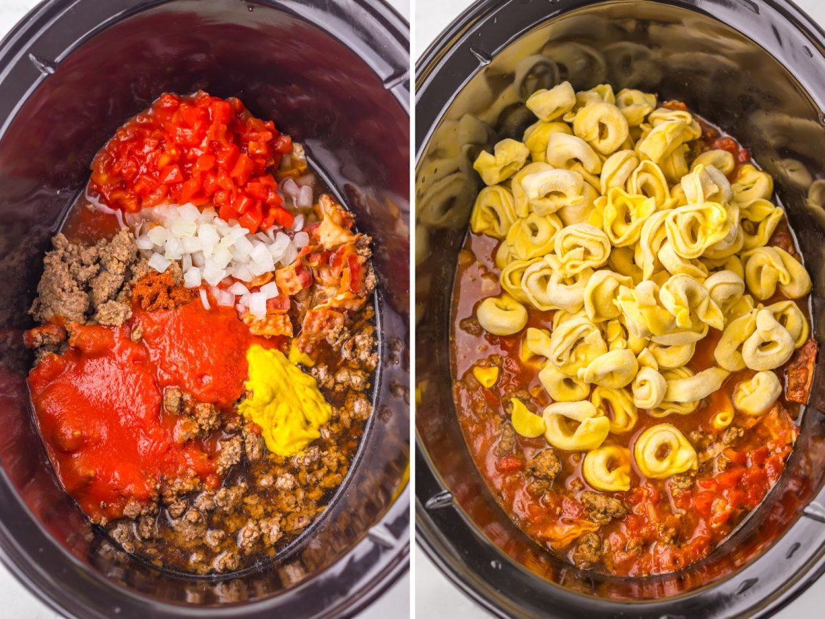 Cheeseburger Tortellini being mixed in a Slow Cooker and the tortellini being added in.