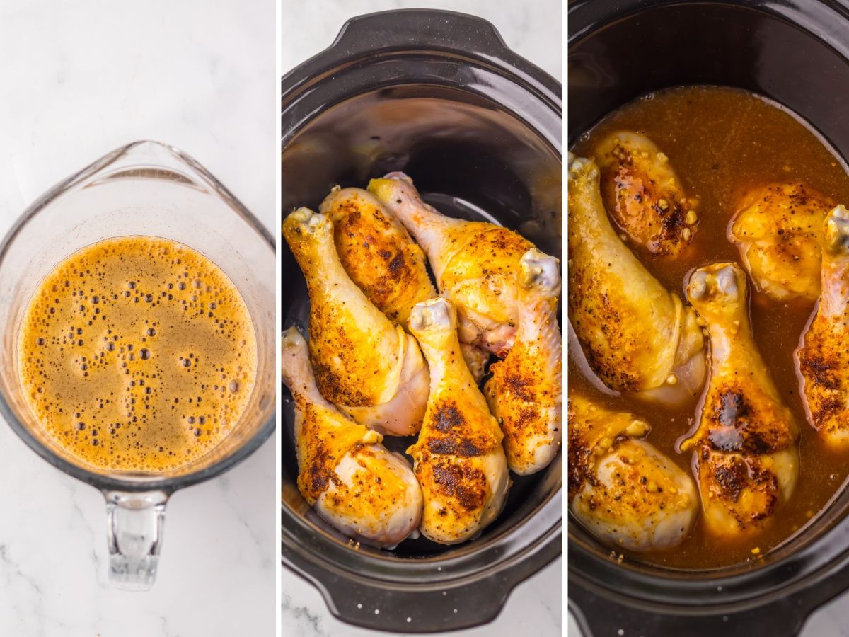 A bowl of sauce, seared chicken drumsticks in a Slow Cooker and cooked Cherry Coke Drumsticks in the Slow Cooker.