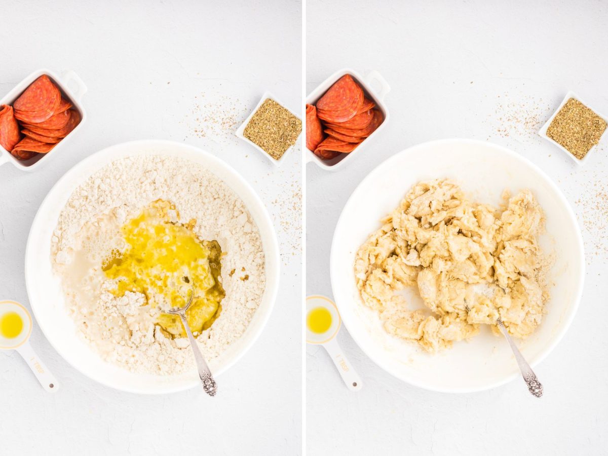 Oil being added to a dry mixture and then being mixed into the start of dough. 