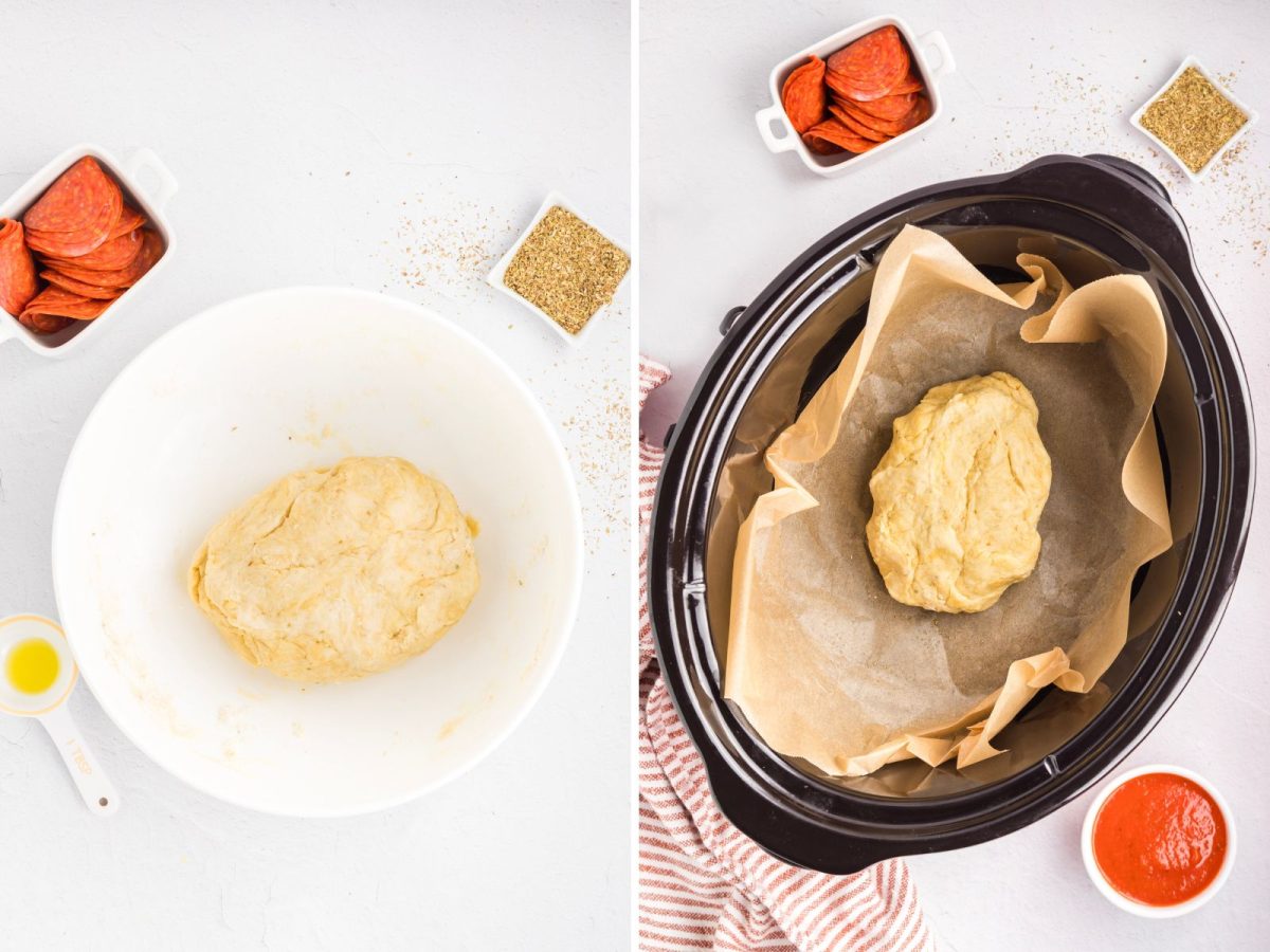 A ball of dough in a bowl and in a lined Crock Pot.