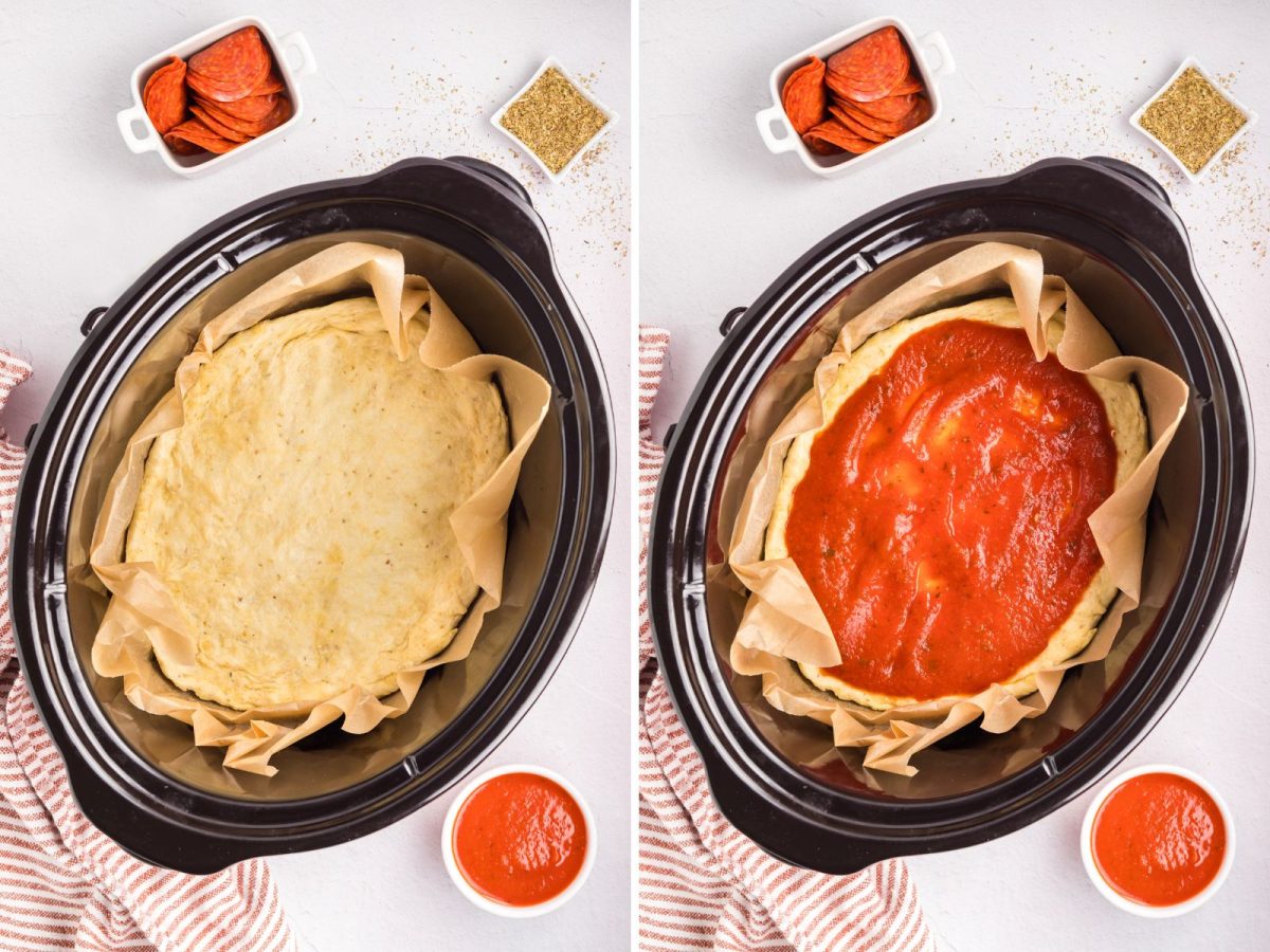 A rolled out dough in a lined Crock Pot with sauce on top. 