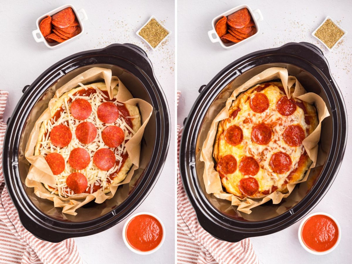 An unbaked, assembled pizza and a baked Deep Dish Pizza. 