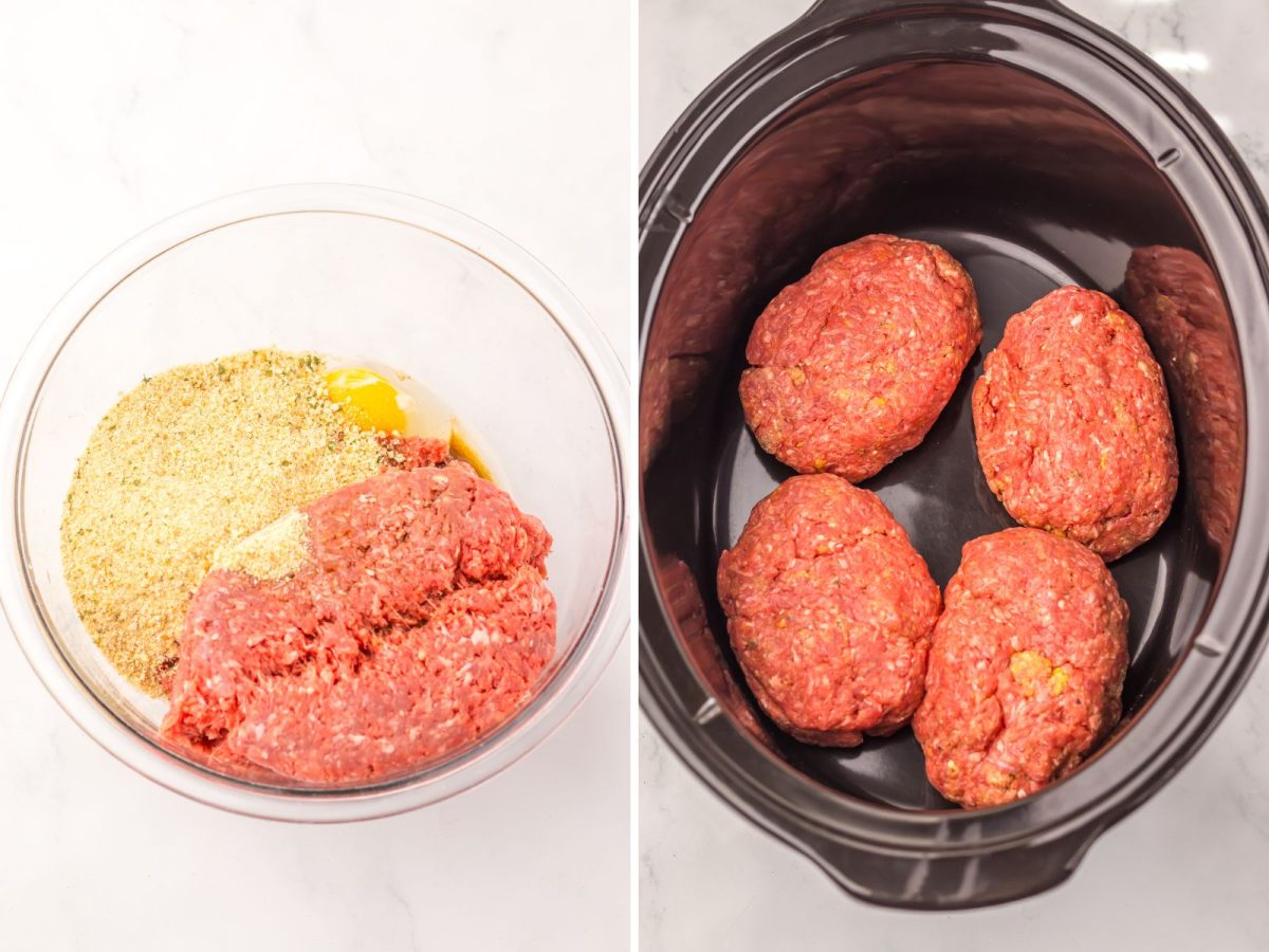 Salisbury Steak mixture in a bowl and a Slow Cooker with raw Salisbury Steaks.