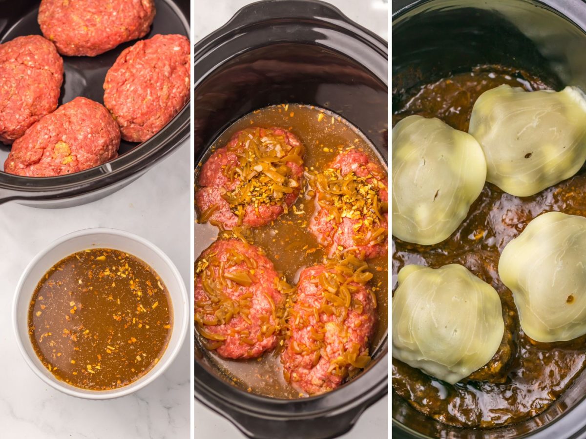A gravy mixture in a bowl and some French Onion Salisbury Steak being cooked in a Slow Cooker.