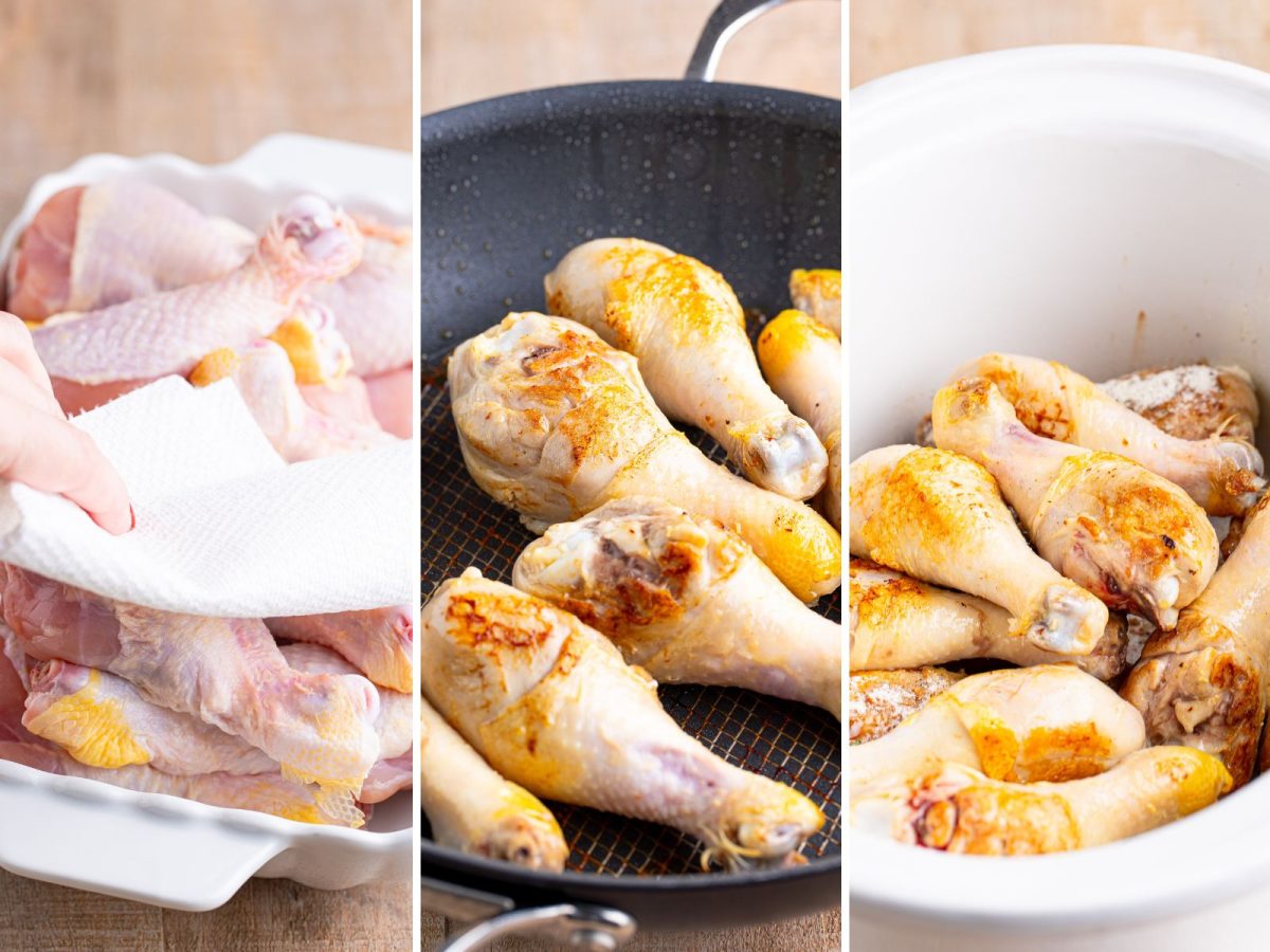 A paper towel patting chicken legs dry, chicken legs being seared in a pan, and seared chicken in a Crock pot.