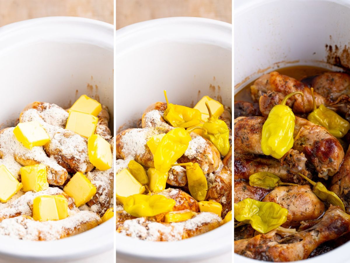 A Crock Pot with chicken legs, seasonings, butter pads and pepperoncinis and cooked Mississippi Chicken Legs in a Slow Cooker.
