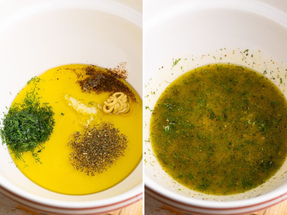 A bowl with olive oil, lemon juice, dill, sugar, garlic, oregano, salt, and pepper.