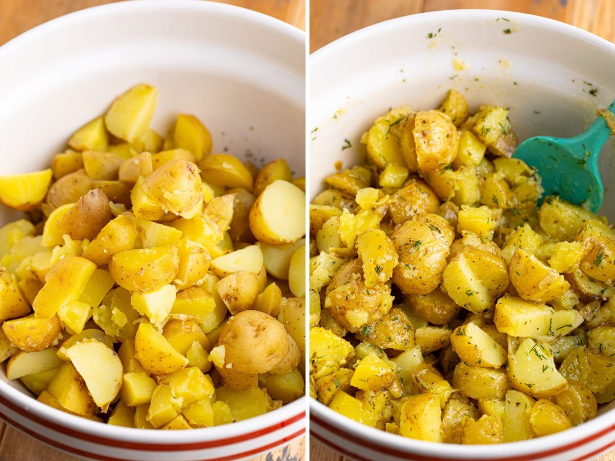 Cut potatoes being coated in a sauce mixture.