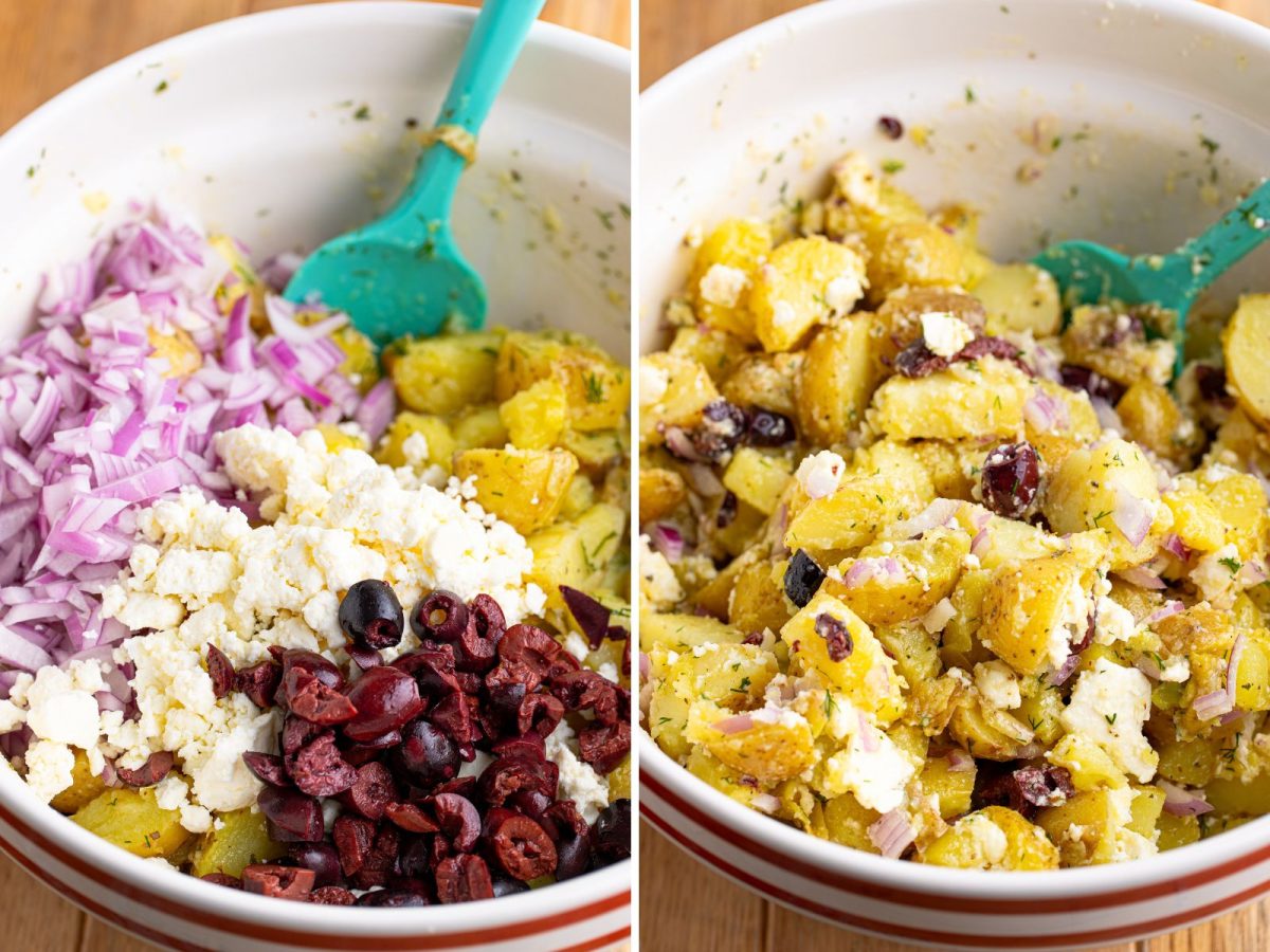 Feta cheese, red olives, and onions being added to a potato salad mixture.
