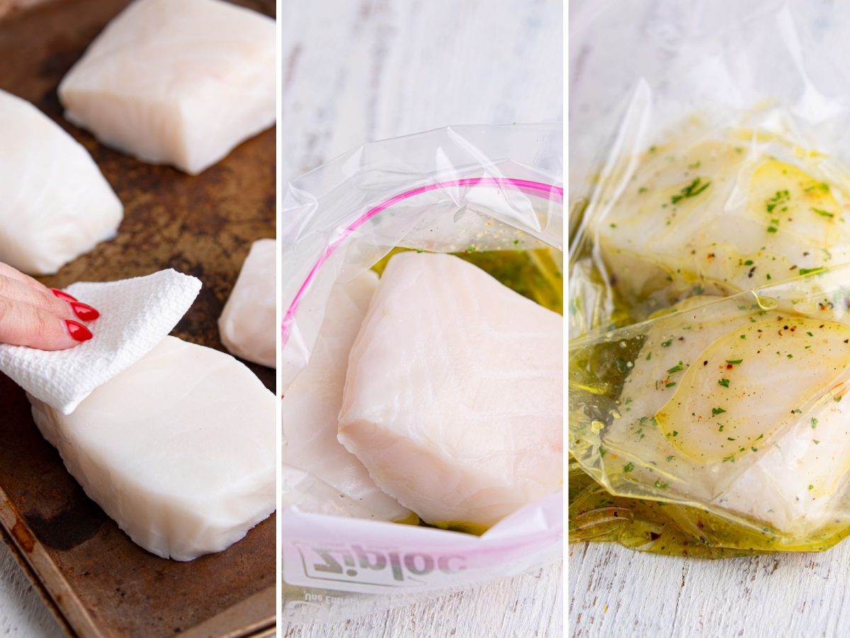 A hand drying sea bass filets with a paper towel and those filets being put in the bag of marinade.