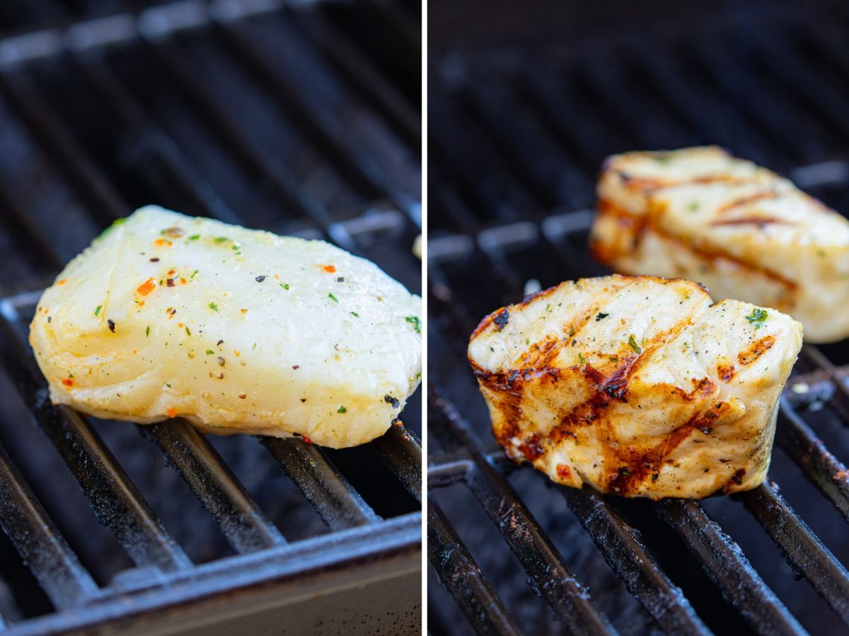 A sea bass filet being cooked on the grill grates.