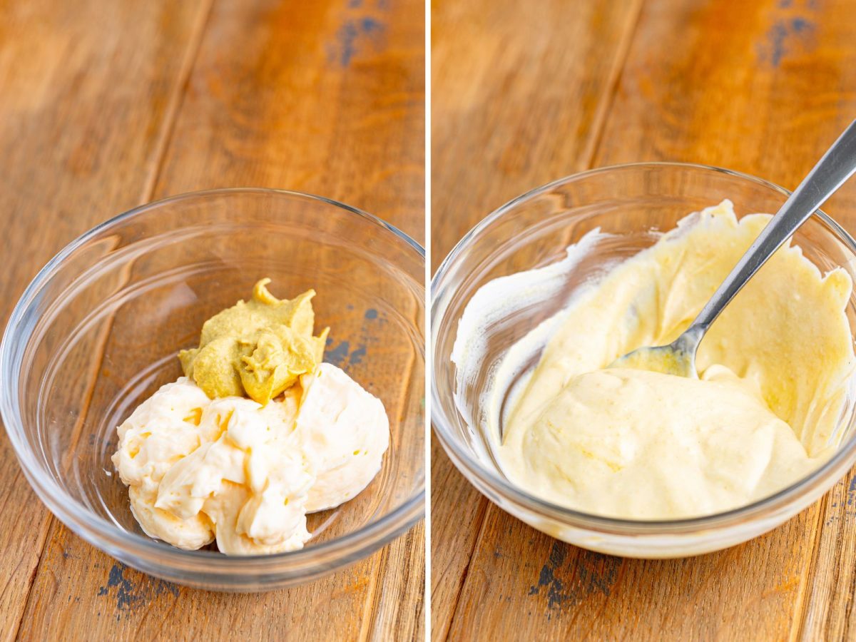 A mayo and mustard sauce being mixed together in a bowl.