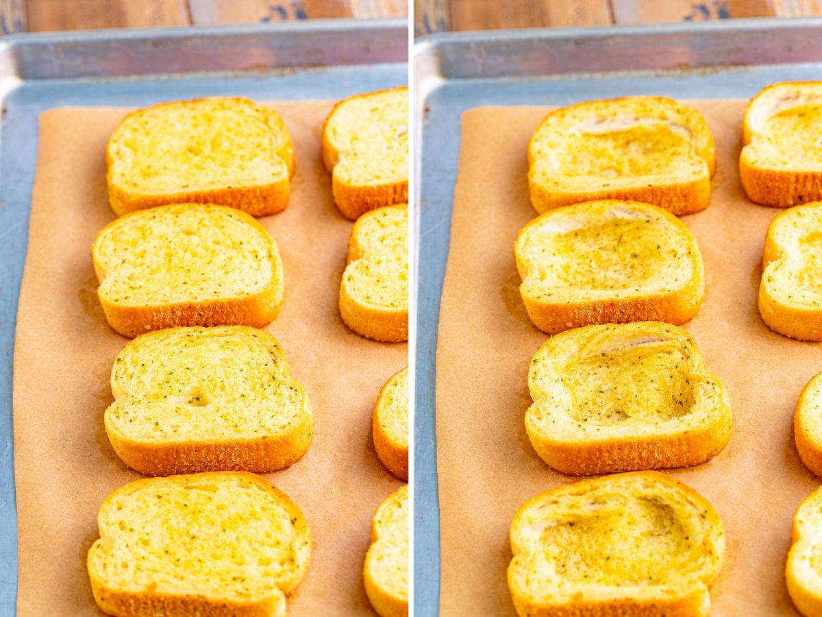 Texas toast being baked and then little wells being pushed on it.